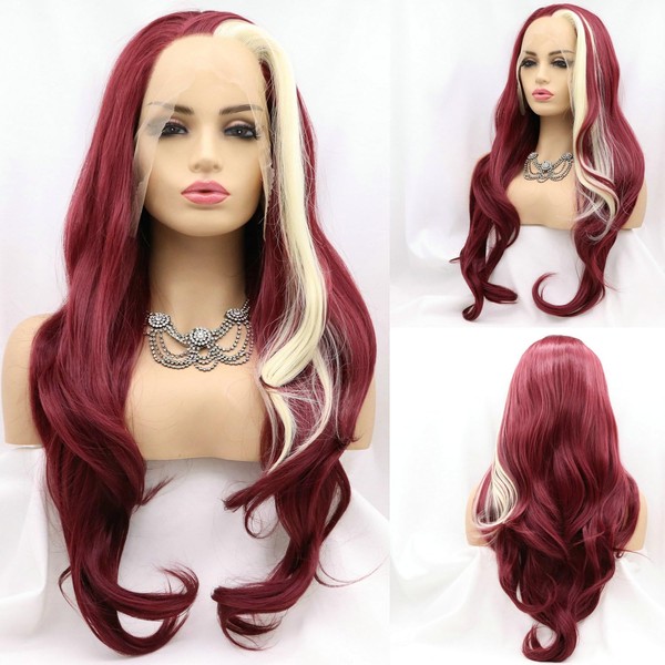 Serenewig 61 cm Natural Long Wave Hair Burgundy Highlight Synthetic Lace Front Wigs for Women Dark Red Cosplay Highlight Blonde Side Part Glueless Drag Queen Wigs