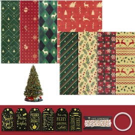 Larcenciel Christmas Wrapping Paper Set, 8 Sheets Kraft Wrapping Paper + Gift Tags + Packing Rope, Kraft Paper with David Deer Pattern, Christmas Paper, Gift Wrapping Paper (70 x 50 cm)