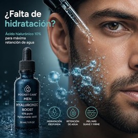 Suero Facial para Hombre Pocket Care - Ácido Hialurónico 10% Puro - Hidratación Profunda y Antiedad - Reduce Arrugas y Líneas de Expresión - Con Colágeno y Vitamina E - Textura Ligera No Grasa - 30 ml (Hialuronico MEN)
