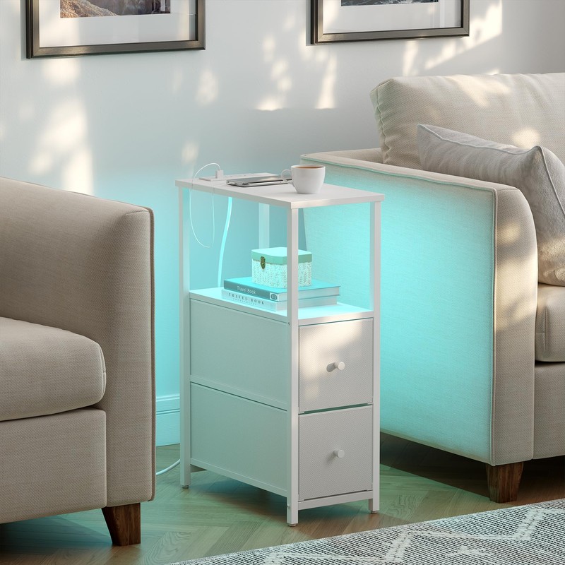 TUTOTAK Small Narrow LED End Table with Charging Station, Side
