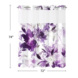 Litabel No Hook Purple Watercolor Floral Shower Curtain, Plant Leaves with Flower Hookless Shower Curtains for Summer Bathroom Decor, White Modern Botanical Waterproof Shower Curtain Set 72x74 Inch