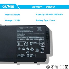 OUWEE AM06XL Laptop Battery Compatible with HP ZBook 17 G5 G6 Series Notebook AMO6XL HSTNN-IB8G L07350-1C1 L07044-855 AM06095XL HSN-Q12C 11.55V 95.9Wh 8310mAh 6-Cell
