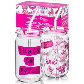 Dragon Glassware x Mean Girls - 16 oz Glass Cups with Lids and Straws, Set of 2 - Iced Coffee Cups with Lids - Versatile Glass Tumbler with Straw and Lid - That's So Fetch & Movie Quotes