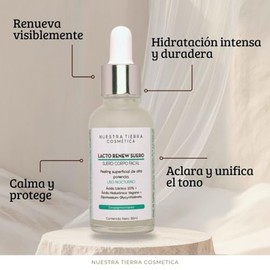 Nuestra Tierra Cosmetica Lacto Renew Suero Facial Despigmentante con Ácido Láctico 10%, Ácido Hialurónico Vegano, Para Uso Nocturno, 35ml