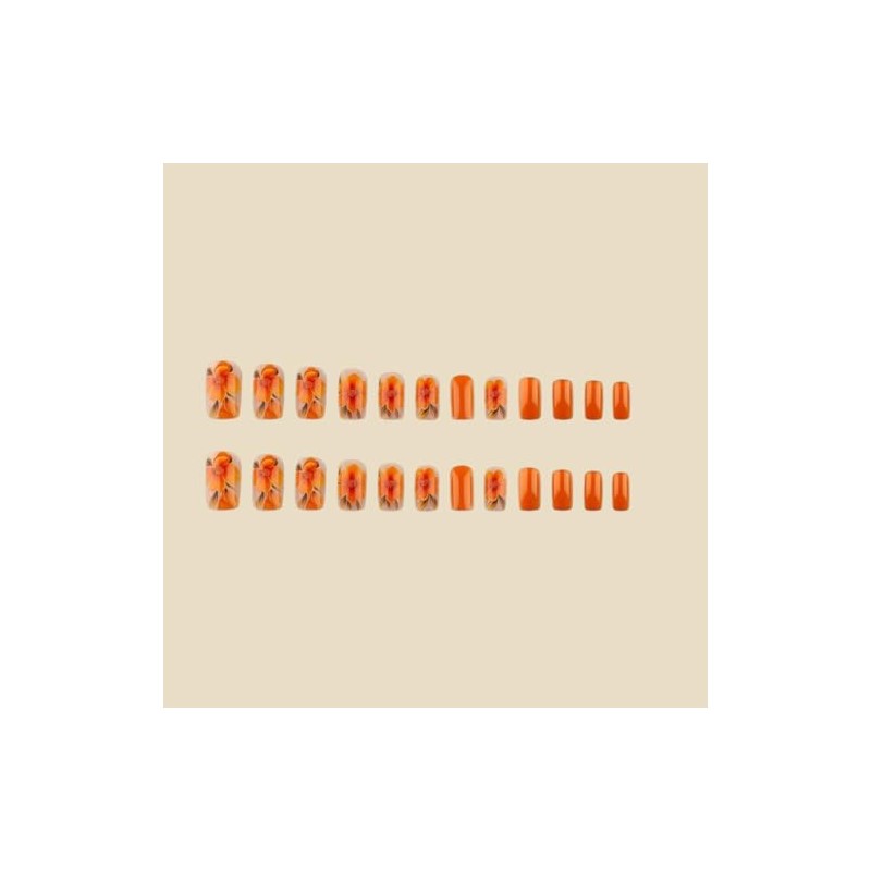 Uñas postizas cortas cuadradas con estampado floral naranja para verano,