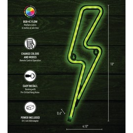 Xtreme Lightning Bolt Neon Sign, 4.13” Inch x 13” Inch Multicolored LED Sign, Remote Control, Plug-In Flexible Silicone Hanging Wall Art, RGB+IC Color Flow at Once, Dimmable, Multiple Modes & Speeds