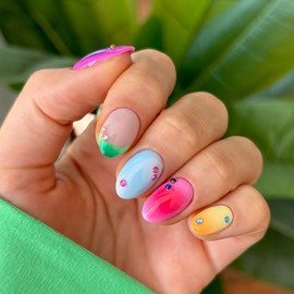 24Pcs Press On Nails Short Almond Fake Nails Colorful Nails Prsss Ons French Tip False Nails With Rhinestone Designs Acrylic Full Cover Glue On Nail Colorful Stick On Nail For Women