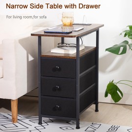 AMHANCIBLE Narrow Side Table with Charging Station, Slim End Table with USB Ports and Outlets, Nightstand with 3 Fabric Drawers for Bedroom, Living Room, Small Space, Rustic Brown, HETN013BR-1
