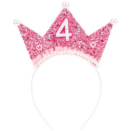 Vovii 4th Birthday Headband for 4th Birthday Decorations for Girls, Birthday Girl Headband Princess Crown with Pearl for 4 Year Old Girl Birthday Decorations, Happy 4th Birthday Girl Outfit Dress