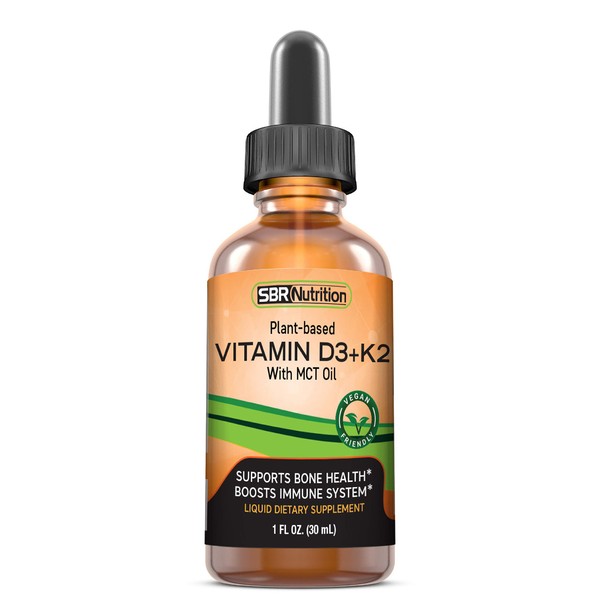 Vegan Vitamin D3 + K2 (MK-7) Liquid Drops with MCT Oil, Peppermint Flavor, Helps Support Strong Bones and Healthy Heart