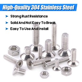 Glarks 510Pcs Metric M3 M4 M5 304 Stainless Steel Flat Head Countersunk Socket Cap Bolts Screws Nuts Assortment Kit, Allen Hex Drive