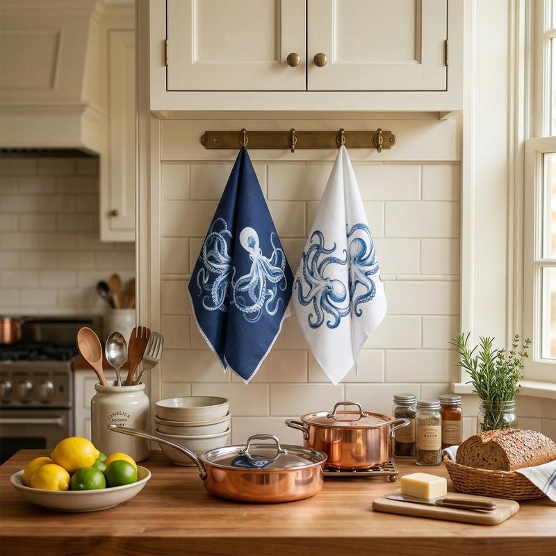 2Pcs Coastal Octopus Kitchen Towels Blue and White Octopus Hand