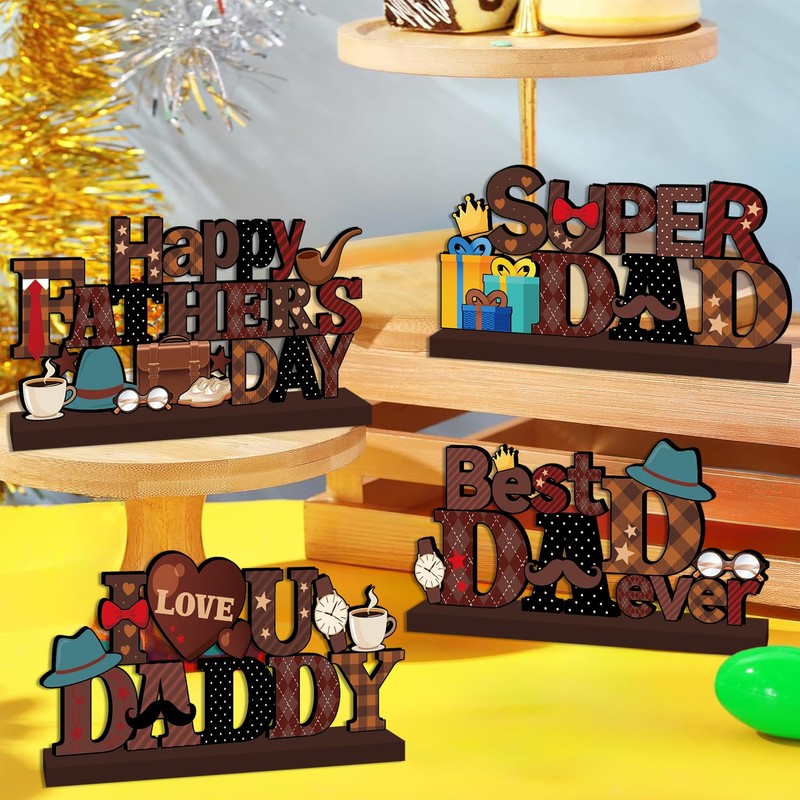 4pcs Fathers Day Decorations Table Centerpiece Wooden Happy Fathers Day