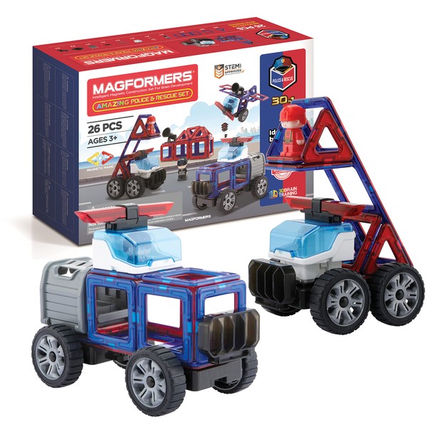 Magformers 717001 Amazing Police and Rescue Set Magnetic Construction Toy, Red, Blue, Black, Grey, ages 3+, 26 pieces,