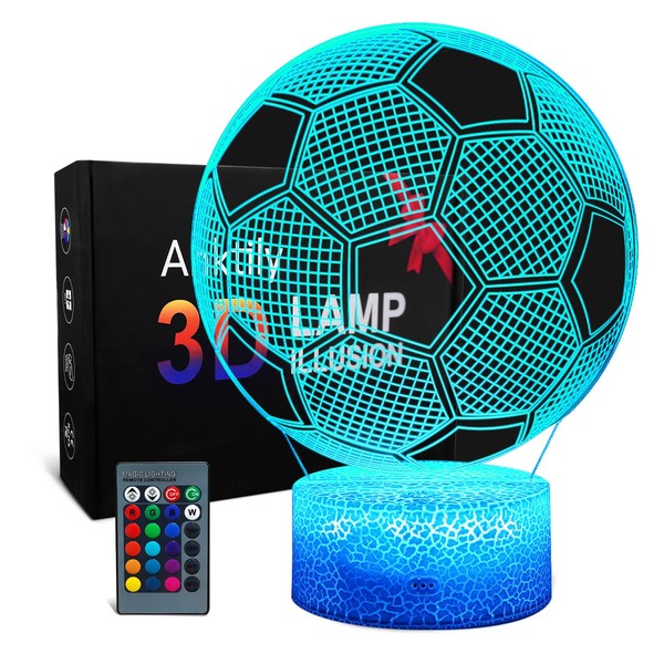 Football 3D Lamp Night Light Illusion Lamp for Children, 16 Colours Change and Remote Control, Football Birthday for Sports Fan Boys Girls (Cracked Base)