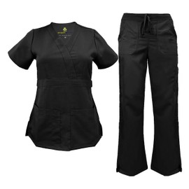 Soft Premium Mock Wrap Professional Work-Wear Women Top and Pant Set (Black, Medium)