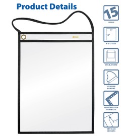 Better Office Products Shop Ticket Holders with Hanging Strap – 15 Pack, 9 x 12 Inch Clear Pocket Sleeves, Double-Sided Document Protectors with Heavy-Duty Stitched Edge Trim