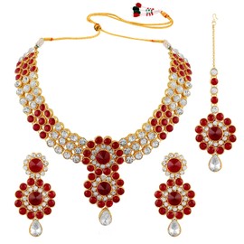 Aheli Elegant Indian Wedding Wear Faux Kundan Studded Choker Necklace with Maang Tikka Set Ethnic Fashion Jewelry Gift for Women Red
