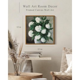 InSimSea Square Framed Canvas Wall Art, Flower Home Decor White Hydrangea Vintage Paintings Canvas Prints, Botanical Art Prints Floral Wall Decor for Bathroom Living Room Office 12"x12"
