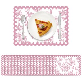 120 Pcs Pink Floral Paper Placemats 14 Inch Disposable Chinoiserie Floral Paper Placemats Scalloped Flower Decorative Table Mats for Dinner Table Birthday Wedding Bridal Tea Party Decor