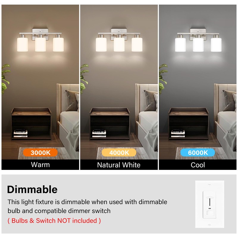 FonmYim Brushed Nickel Bathroom Light Fixtures, 3-Light Modern Vanity Light