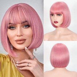 Lanseek Short Pink Bob Wig with Bangs 12 Inch Synthetic Hair Straight Bob Wig for Daily Party Cosplay