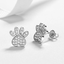 Amy & Annette Sterling Silver Crystal Paw Stud Earrings - (Size 10mm)