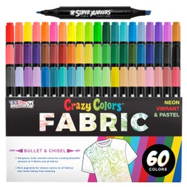 Super Markers 60 Unique Primary, Pastel, Neon Colors Dual Tip Fabric & T-Shirt Marker Set - Double-Ended Fabric Markers with Chisel Point and Fine Point Tips - Bright Vibrant Bold Permanent Ink Colors