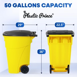 PLASTIC PRINCE 50-Gallon Recycle Rollout Trash Can with Lid, Commercial Heavy-Duty Container with Wheels, Yellow