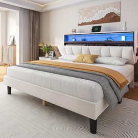 DWVO Full Size Bed Frame with Storage, LED Bed Frame with Upholstered Velvet Headboard, Platform Bed with Outlet & USB Ports, No Box Spring Needed, Easy Assembly (Beige)