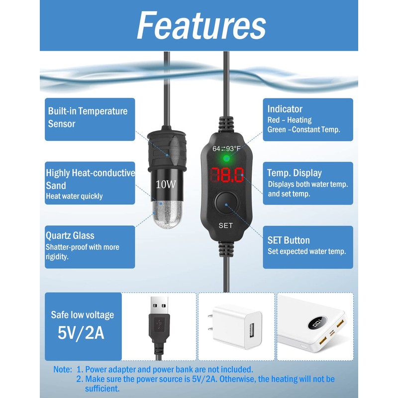 AquaMiracle Adjustable 10W Betta Heater Small Aquarium Heater Submersible Fish