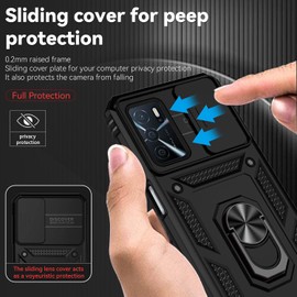 Oppo A16/A16S/A54S/A54 4G/A55 Case, EabHulie Heavy Duty Protective Case with Ring Kickstand and Sliding Camera Cover for Oppo A16/A16S/A54S/A54 4G/A55 Black