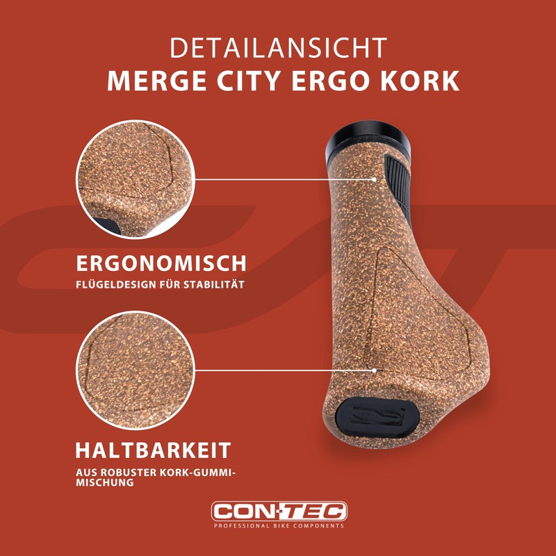 CONTEC Bicycle Grip Merge City Ergo Cork, D3 Tri-Component Rubber,