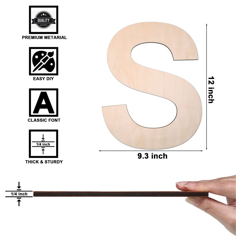 12 Inch Wooden Letter S, 1/4 Inch Thick Large Unfinished