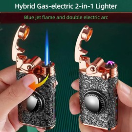 NINSI Vintage Rocker Torch Lighter & Dual Arc Plasma Lighter 2 in 1 with Turntable, USB Rechargeable Electric Lighters, Refillable Butane Lighters with Windproof Jet Blue Flame (Gold, Without Fuel)