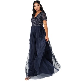 Maya Deluxe Women's V-Neck Embellished Maxi Dress, Bridesmaid Dress, navy