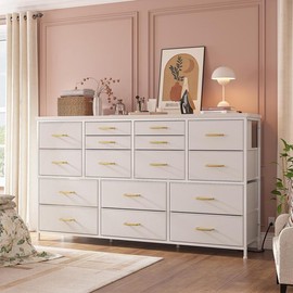 Raybee Furniture Dresser TV Stand with 16 Storage Drawers, 3 Power Outlets, Water-Resistant Top, Multifunctional Design for Living Room & Bedroom - Color: White