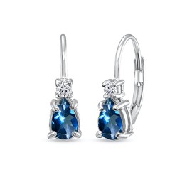 Tiny Birthstone Earrings Sterling Silver for Women, Genuine or Synthetic Gemstone Leverback Teardrop Huggie Earring, Sterling Silver, london blue topaz