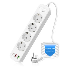 SHNITPWR 4-Fach Steckdosenleiste mit Schalter, Mehrfachsteckdose mit 2 USB (PD 20W und QC 3.0 18W) und 1 Type-C, Steckerleiste mit 2M Kabelverlängerungen, 10A 2500W Steckdose Küche (Weiß)