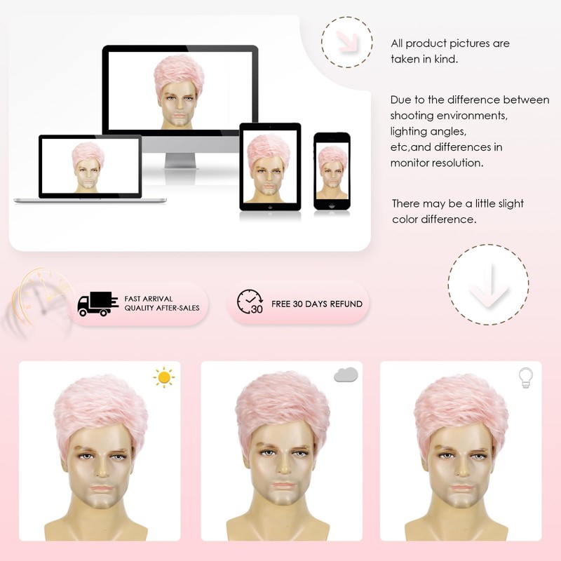 Short Pink Wig for Men, Light Pink Synthetic Halloween Wig