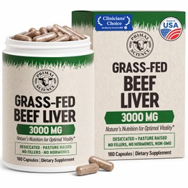 Grass Fed Beef Liver Capsules 3000mg Desiccated Liver Supplement 100% Pasture Raised & Freeze Dried Natural Iron, Vitamin A & B12 for Energy Non-GMO, No Fillers 180 Count