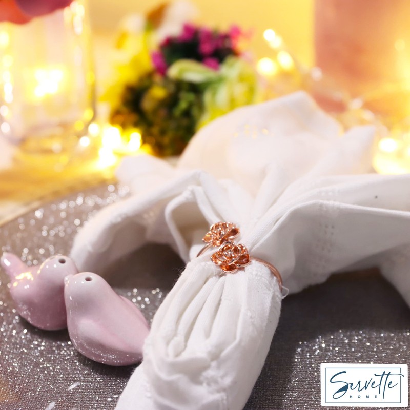 Rose Gold Flower Napkin Rings Set of 8 Metal