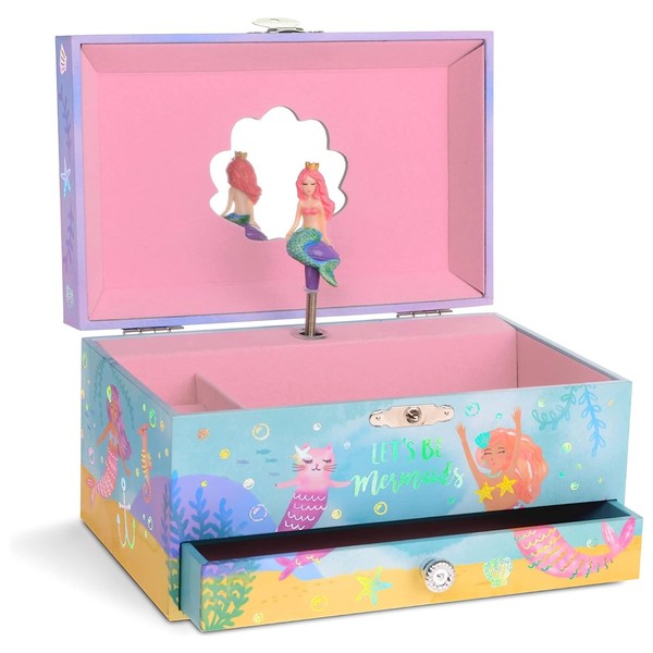 Jewelkeeper Girl's Mermaid Musical Jewelry Storage Box Pullout Drawer, Rainbow Design with Gold Foil, Over the Waves Tune