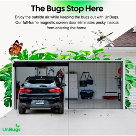 UnBugs Garage Screen Doors for 2 Car Garage - Fits Double Garage Doors up to 16 Feet Wide x 8 Feet Tall MAX- Pet & Kid Friendly, Self-Closing - Hands Free Magnet Closure Keeps Bugs Out & Breeze in