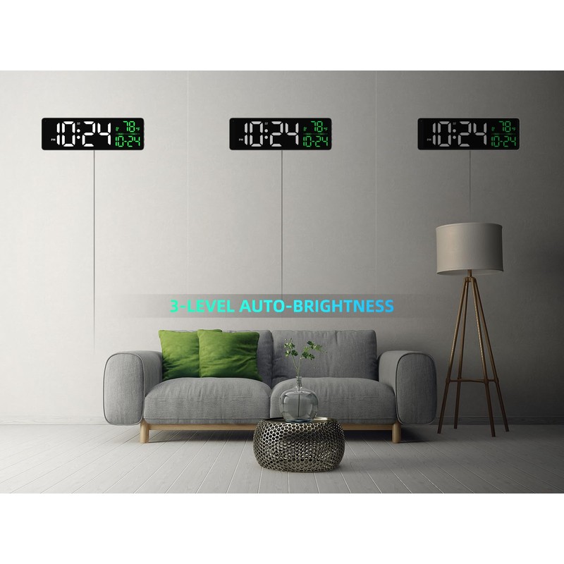 Large LED Digital Wall Clock with Date, Temperature, Auto-Brightness, Auto-DST