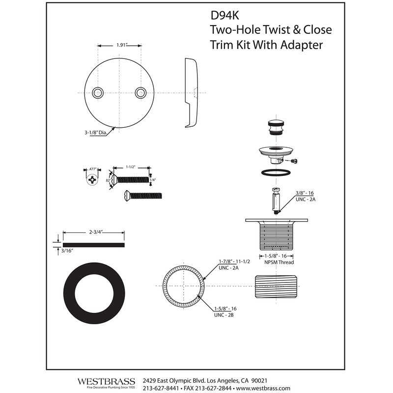 Westbrass D94K-62 Twist & Close Bathtub Drain Stopper with 2-Hole