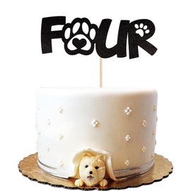 1 pieza de decoración de cuatro pasteles, purpurina negra de 4 años de edad, cumpleaños para cachorros, perros con temática de patas, niños y niñas, suministros de decoración de tartas para fiestas de 4 cumpleaños