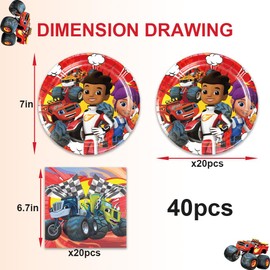 40Pcs Blaze and The Monster Party Supplies include 20 plates, 20 napkins for the Blaze and The Monster birthday party decoration