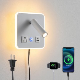 CNMYKYDS LED Wall Mounted Lamp and Reading Light 2-in-1 Multifunctional Wall Sconces. LED Wall Lamp Plug in for Bedroom, Bedside Wall Sconces with USB and Outlet 3W+6W Night Light 3000K (White)