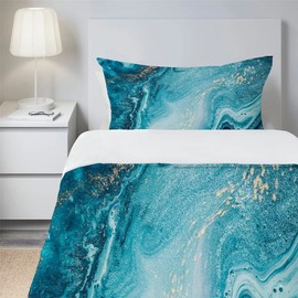 HOMHOMHA Teal Blue Bedding Single Bed Duvet Cover And Pillowcase Set Luxury Aesthetic Microfibre Bedding Marble Decor For Adult 135x200cm Quilt Cover And 50x75cm Pillowcase Set 2 Pcs